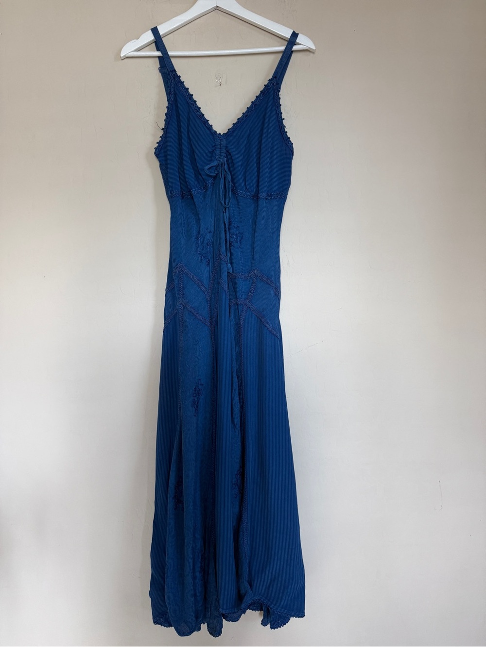 Flower Blue V-Neck Embroidered Maxi Dress Mixed Media Bohemian Floral Trim XL